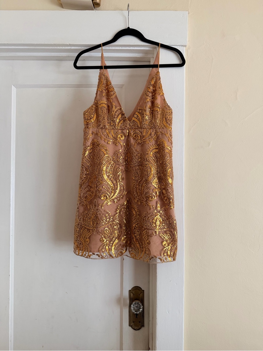 Free People Night Shimmers Gold Sequin Mini Dress Peach Nude Size 12